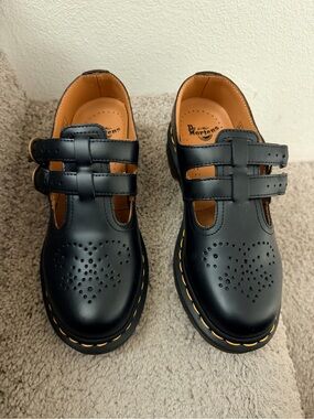 Dr. Martens Black Kids Mary Jane Shoes with Yellow Stitching